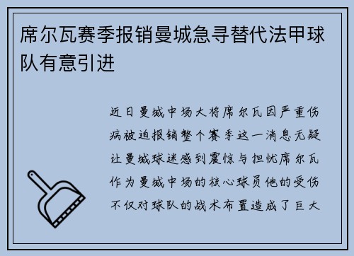 席尔瓦赛季报销曼城急寻替代法甲球队有意引进